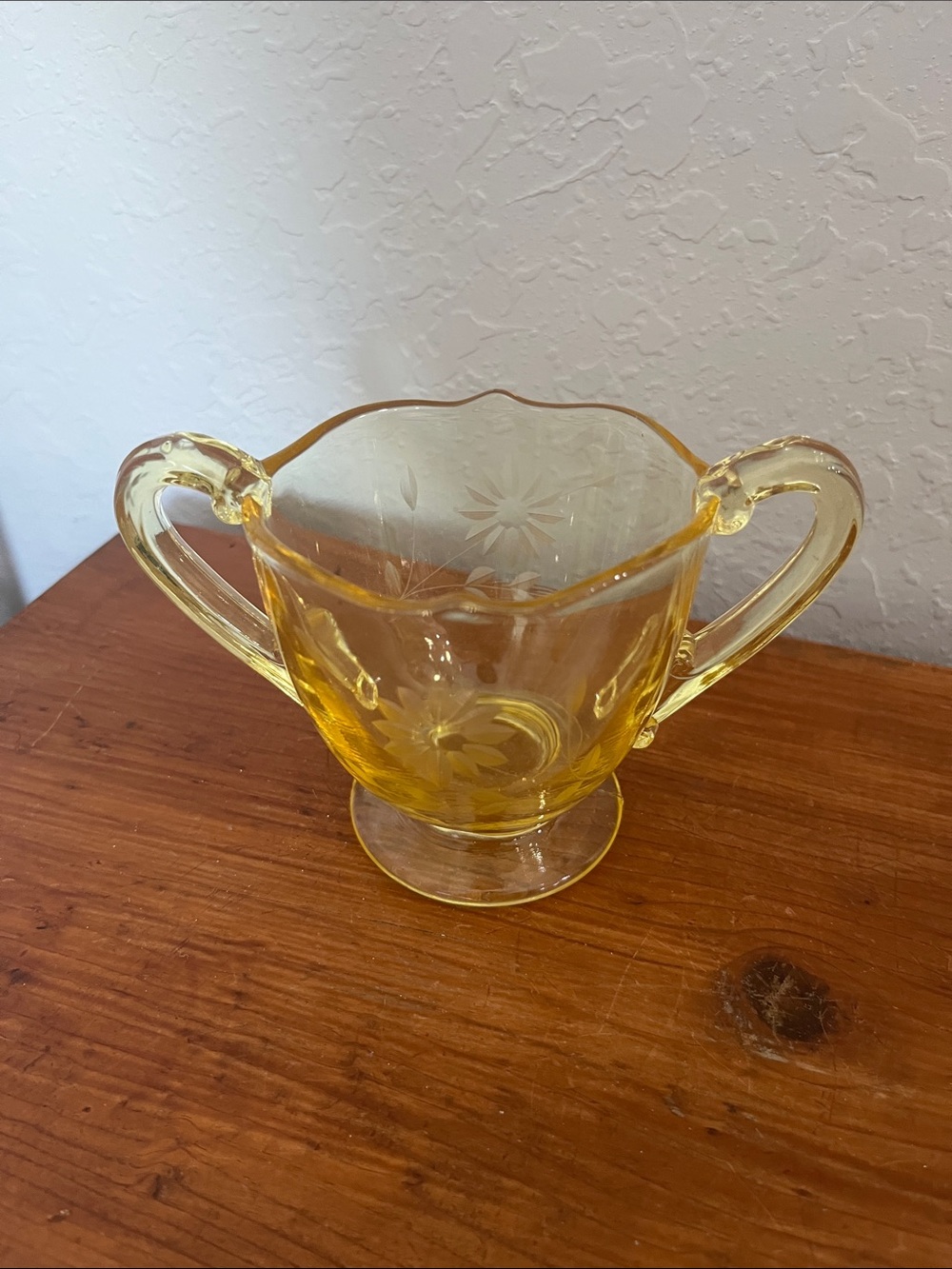 Lancaster Jubilee Vintage Yellow Etched Glass Double-Handled Sugar Bowl